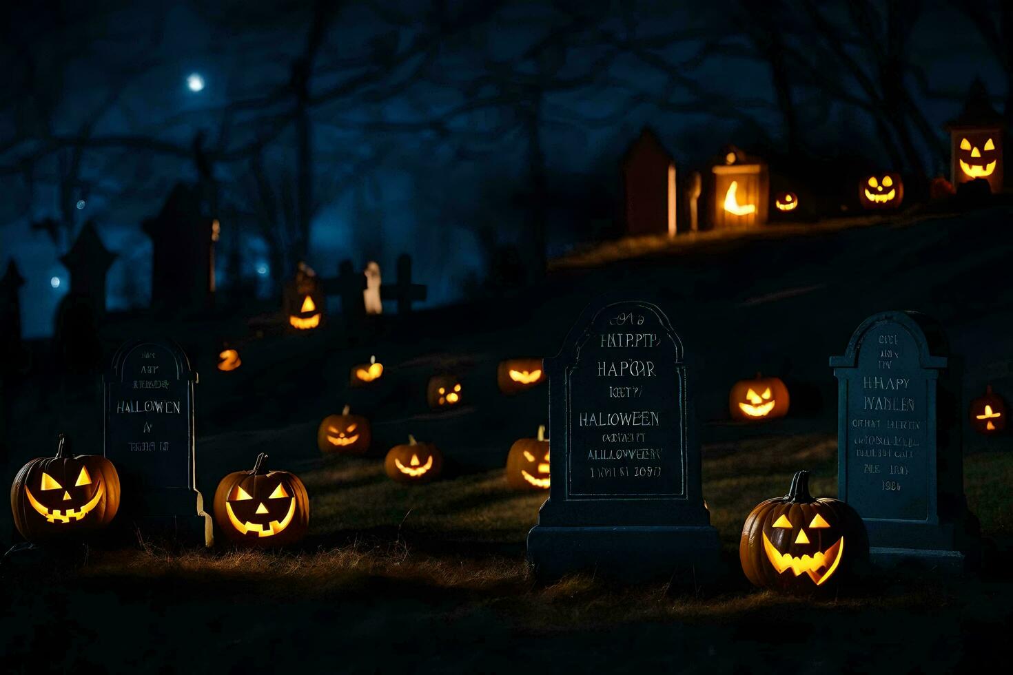 Halloween Kürbisse im ein Friedhof beim Nacht. KI-generiert foto