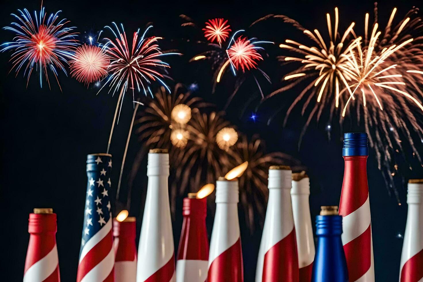 Feuerwerk und amerikanisch Flaggen im Vorderseite von ein Flasche. KI-generiert foto