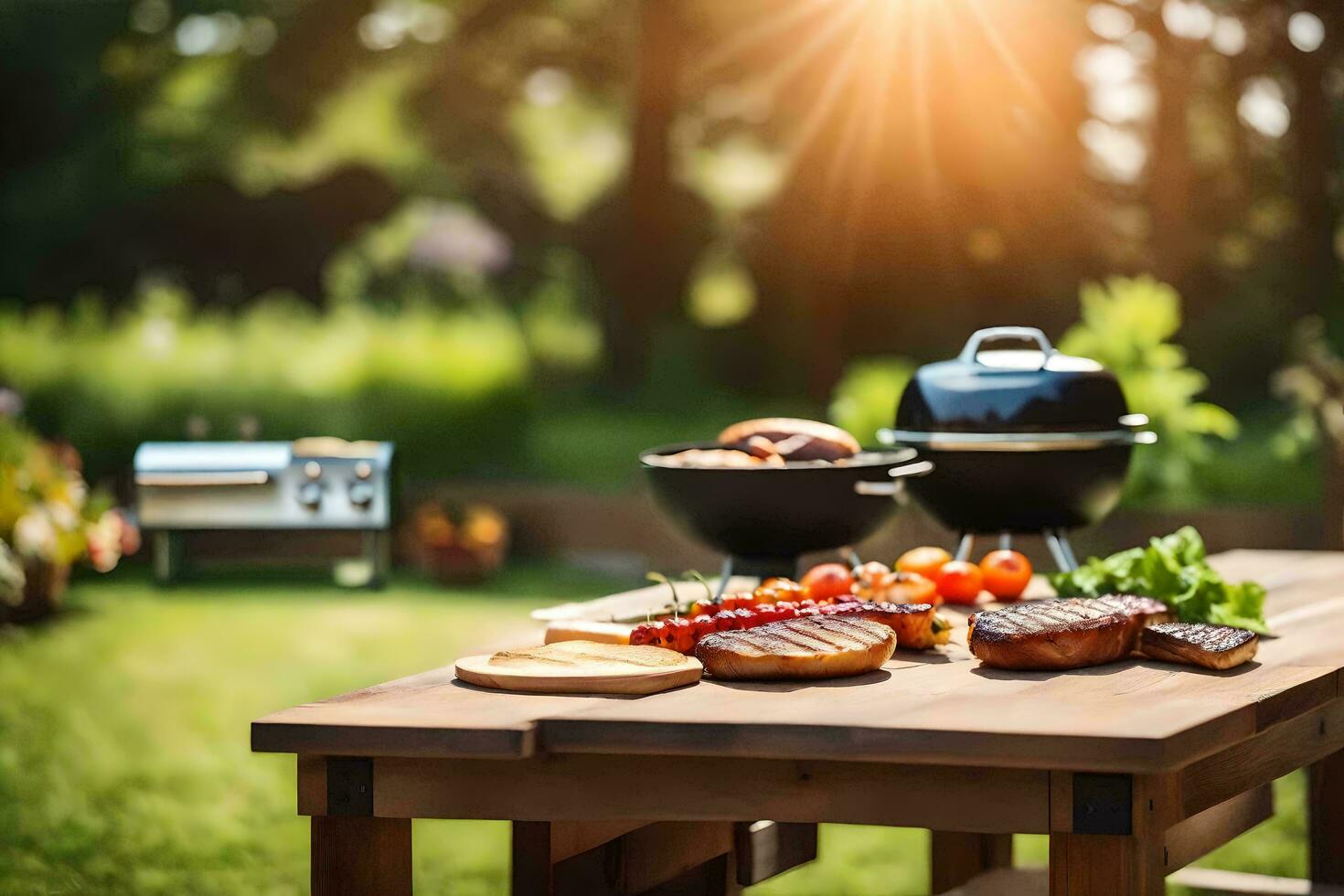 Grill Grill auf draussen Tabelle mit Lebensmittel. KI-generiert foto