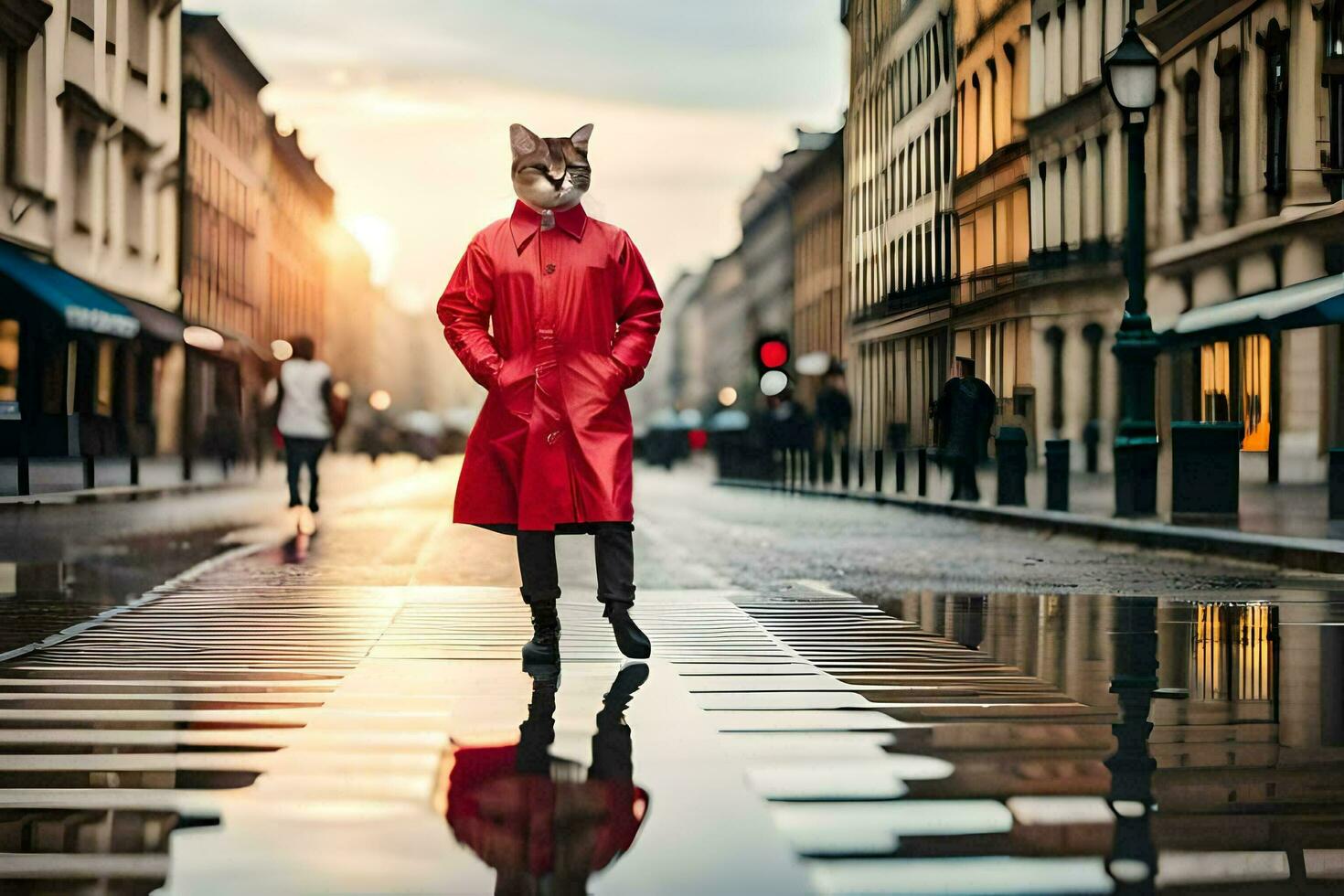 ein Fuchs tragen ein rot Mantel und Gehen auf ein Straße. KI-generiert foto