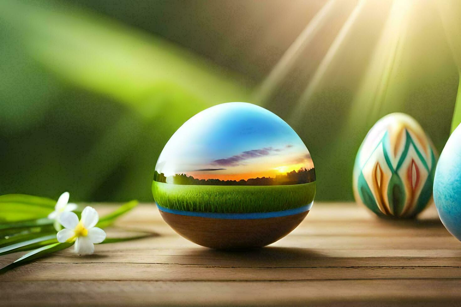 Ostern Eier auf ein Tabelle mit Gras und Blumen. KI-generiert foto