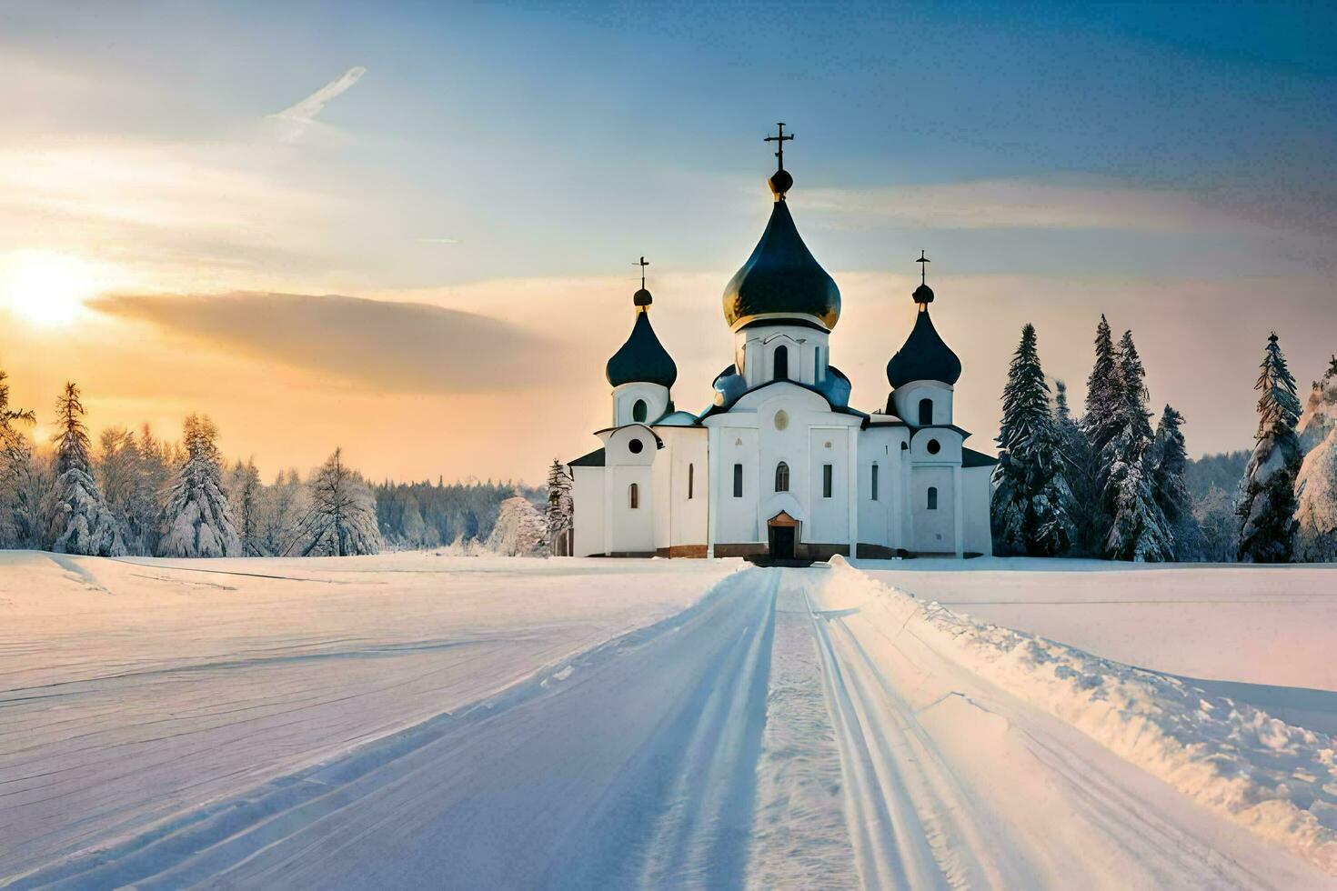 ein Kirche im das Schnee mit Bäume und Bäume. KI-generiert foto