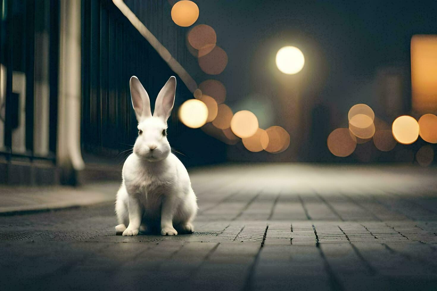 ein Weiß Hase Sitzung auf das Boden im Vorderseite von ein Stadt Straße. KI-generiert foto