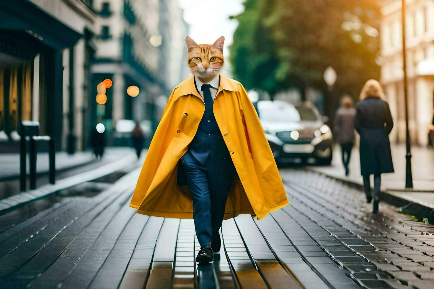 ein Katze im ein Gelb Mantel Gehen Nieder ein Straße. KI-generiert foto