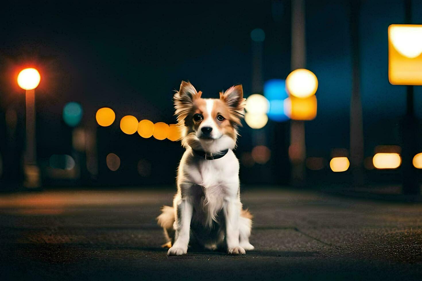 ein Hund Sitzung auf das Straße beim Nacht. KI-generiert foto