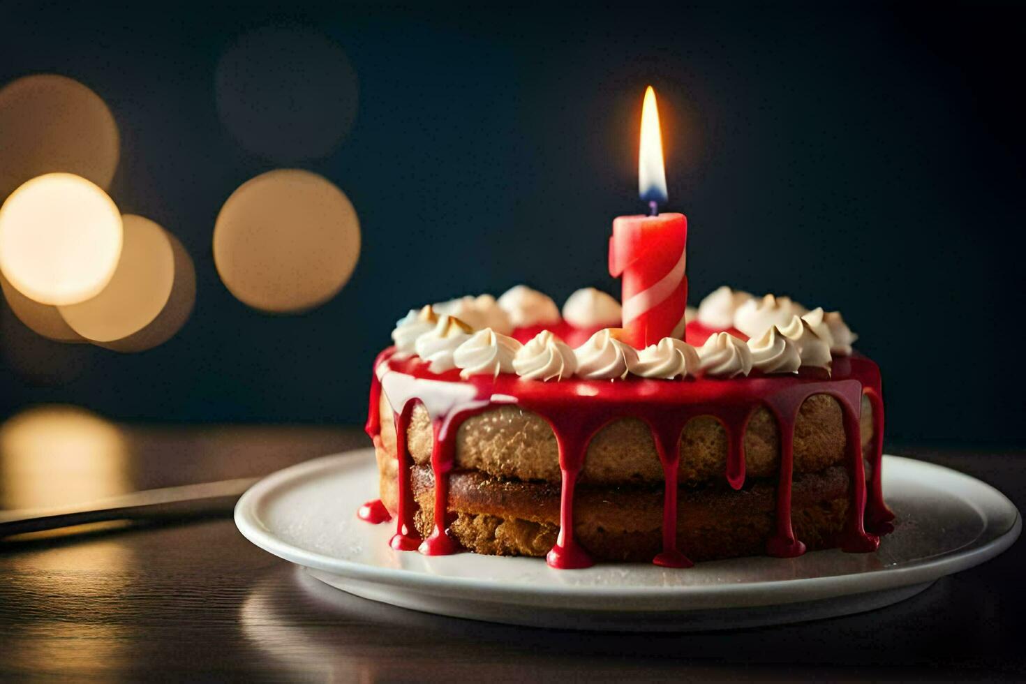 ein Geburtstag Kuchen mit ein zündete Kerze. KI-generiert foto