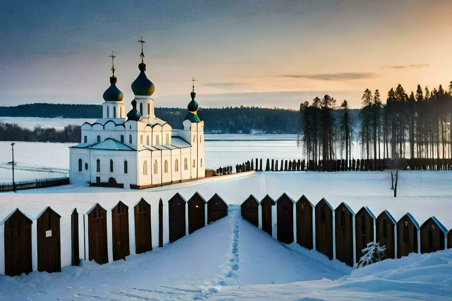 ein Kirche im das Schnee mit ein Zaun um Es. KI-generiert foto