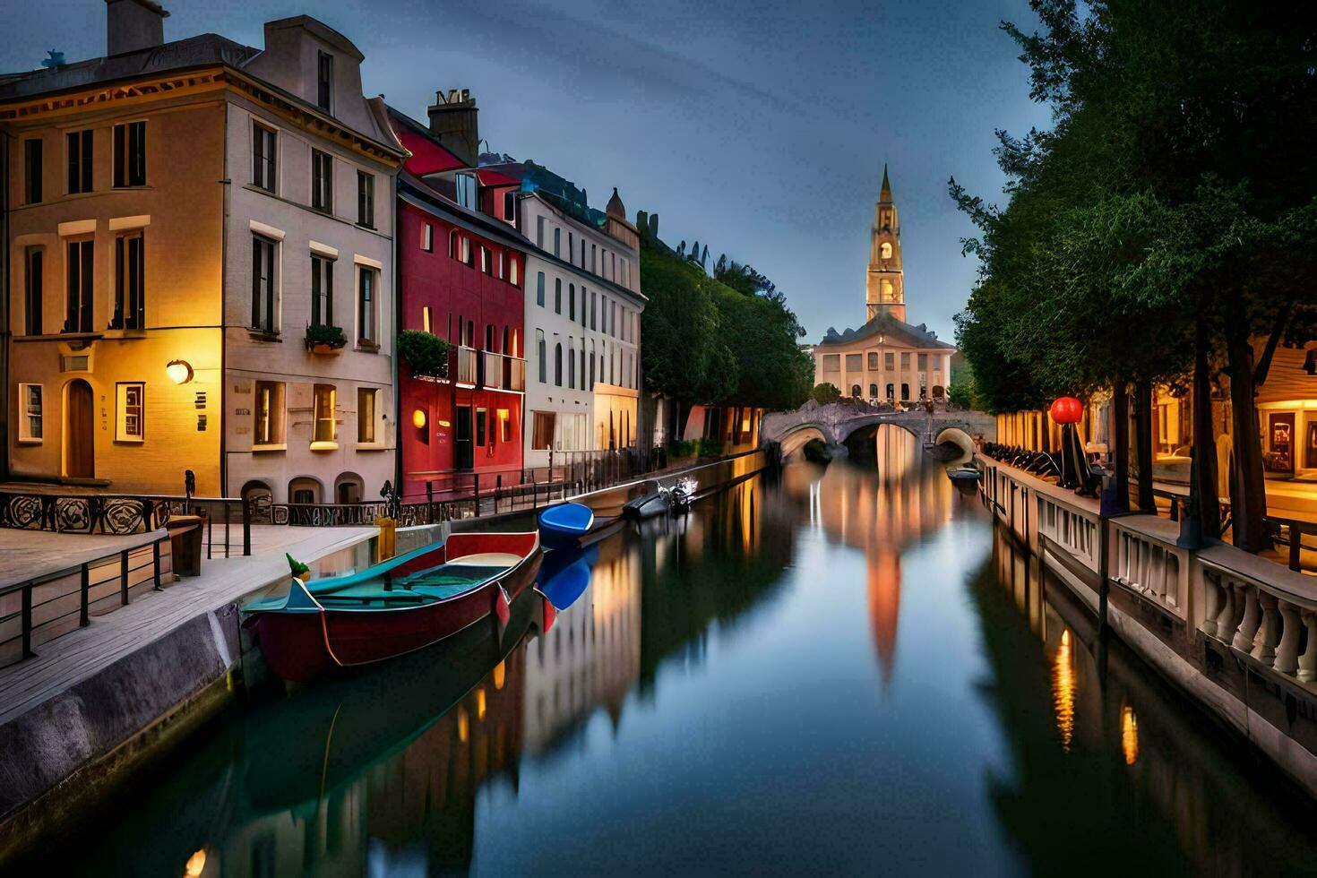 ein Kanal im das Stadt beim Nacht mit Boote. KI-generiert foto