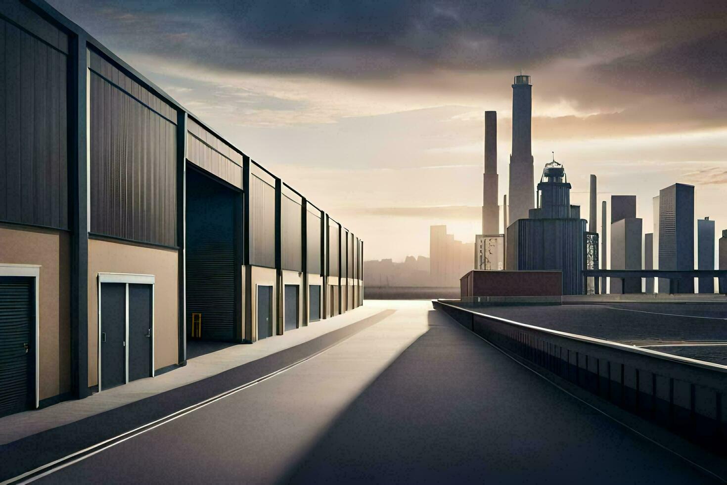 ein lange leeren Straße mit ein Fabrik Gebäude im das Hintergrund. KI-generiert foto