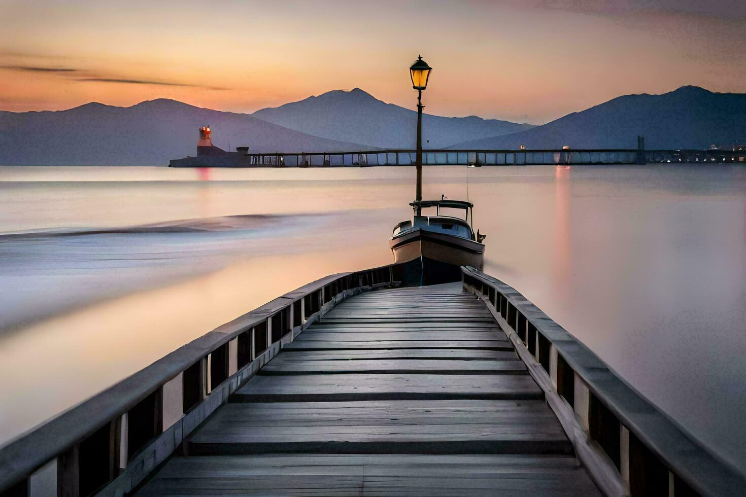 ein Boot ist angedockt beim das Ende von ein Seebrücke. KI-generiert foto