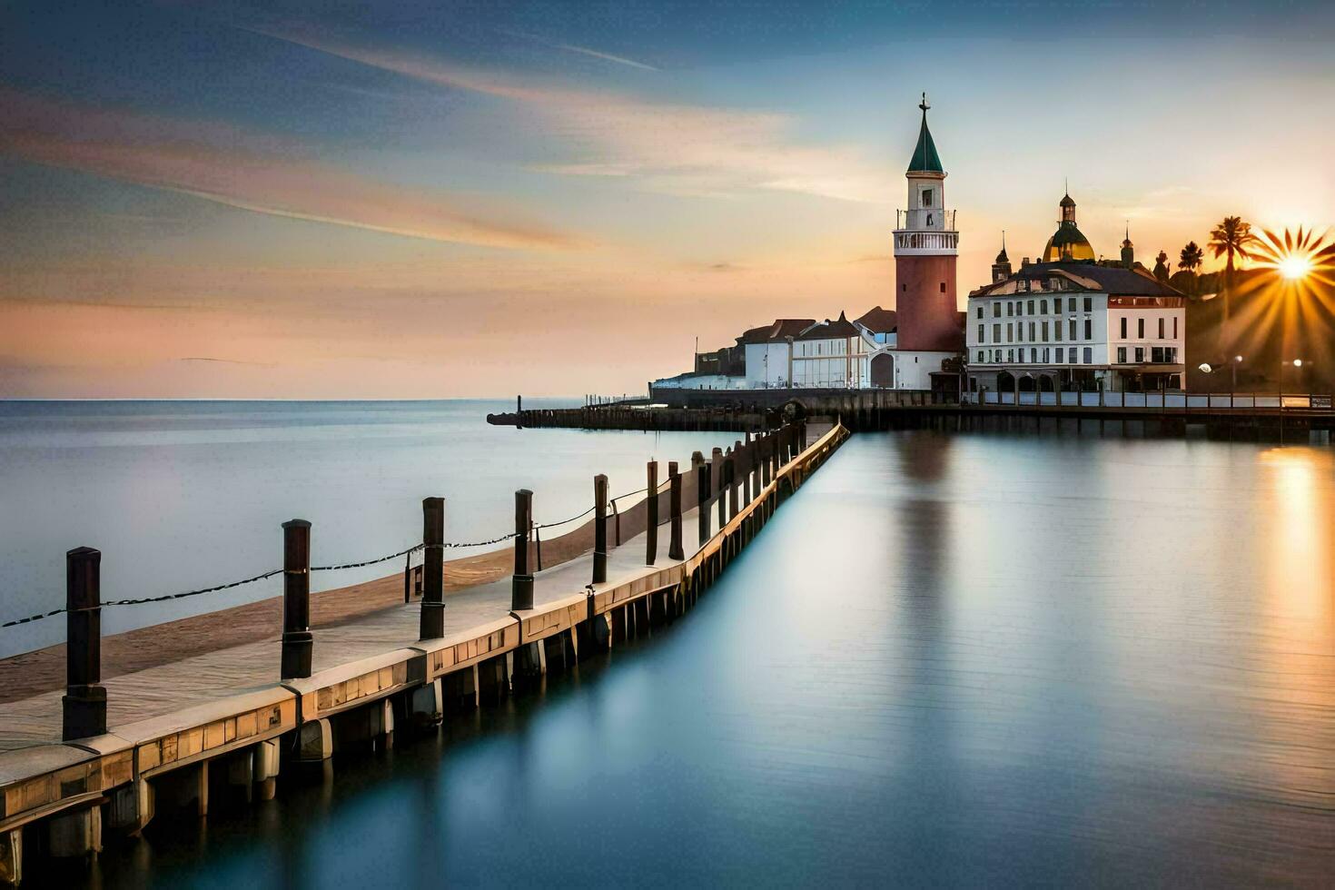 das Sonne ist Rahmen Über ein Seebrücke und ein Kirche. KI-generiert foto