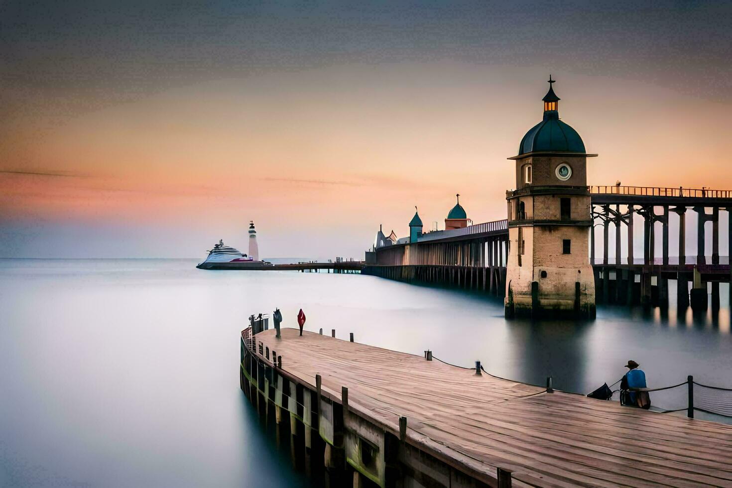 ein Seebrücke mit ein Uhr Turm und ein Boot im das Wasser. KI-generiert foto