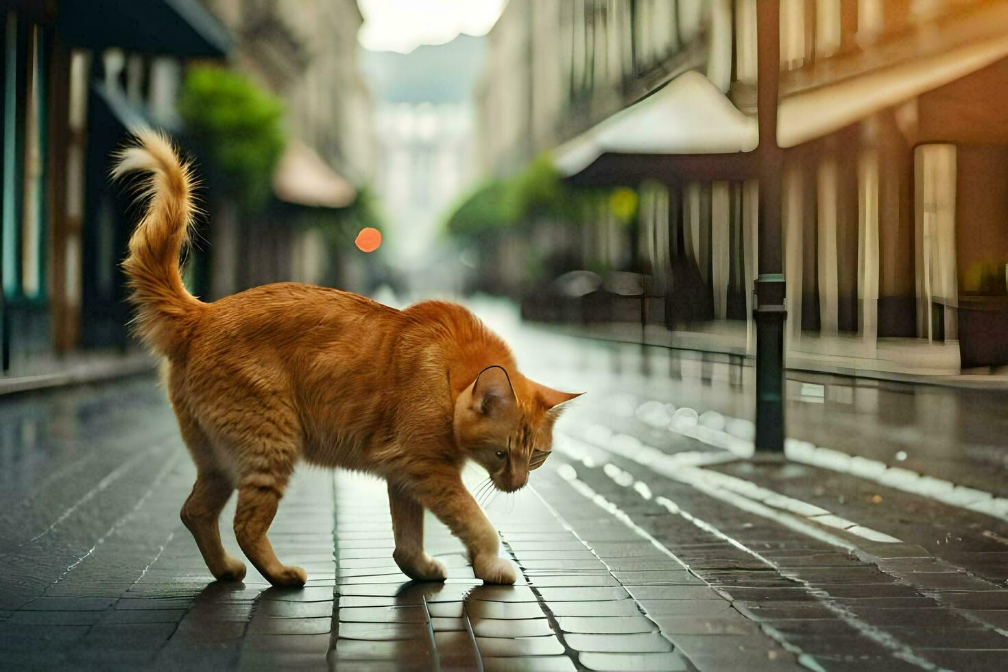 ein Orange Katze Gehen über ein Kopfsteinpflaster Straße. KI-generiert foto