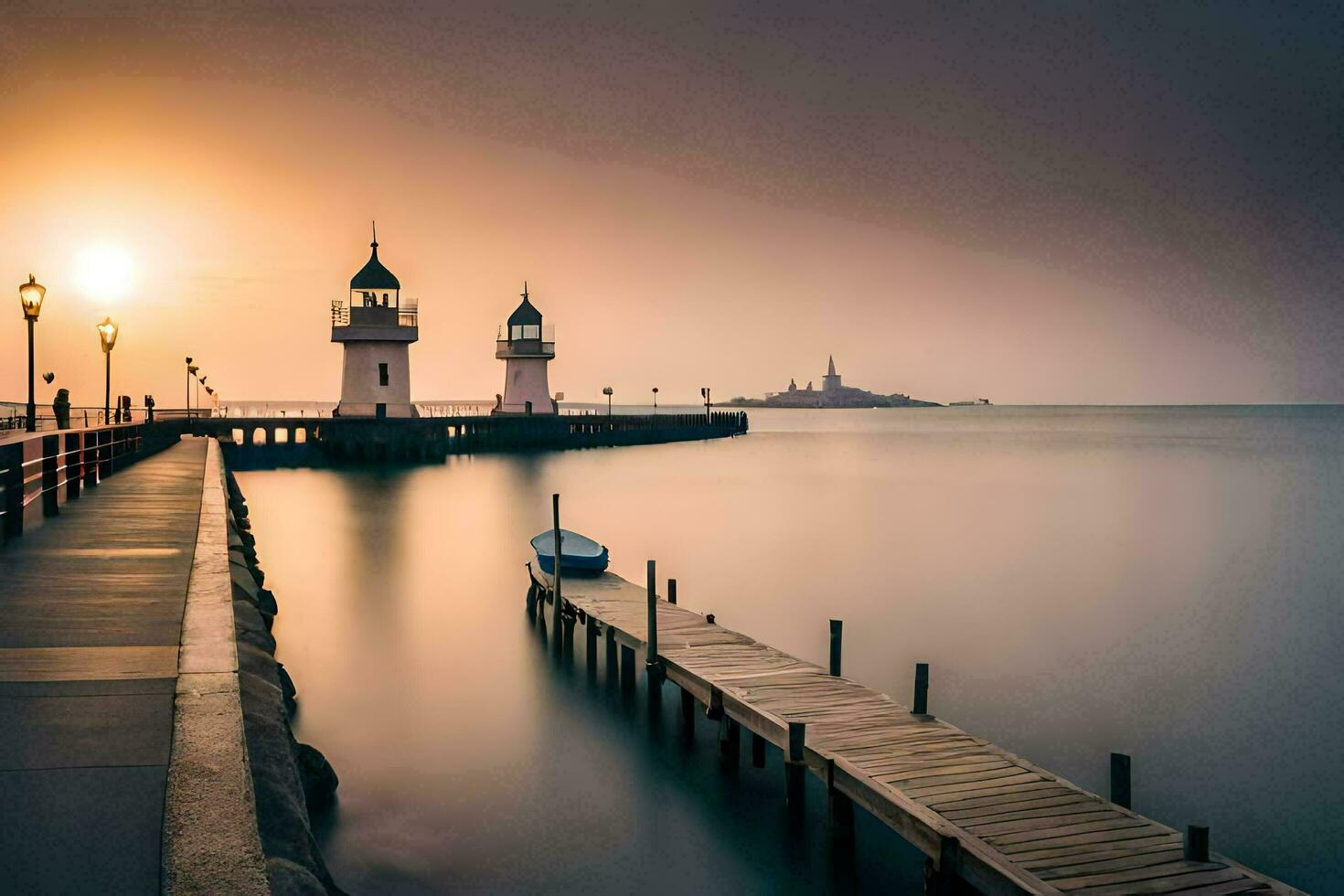 ein Seebrücke mit zwei Leuchtturm Beleuchtung beim Sonnenuntergang. KI-generiert foto