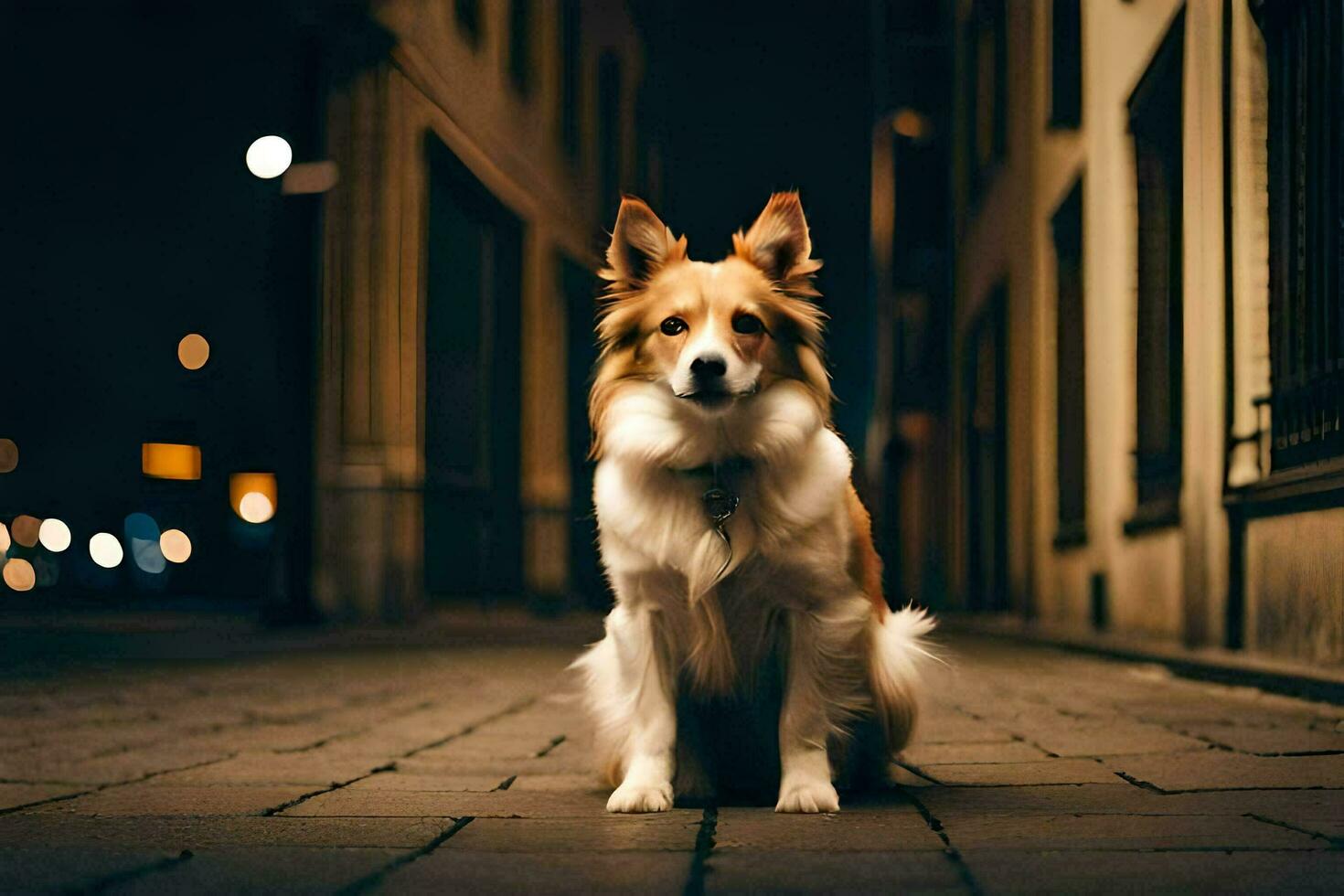 ein Hund Sitzung auf das Boden im ein Stadt beim Nacht. KI-generiert foto