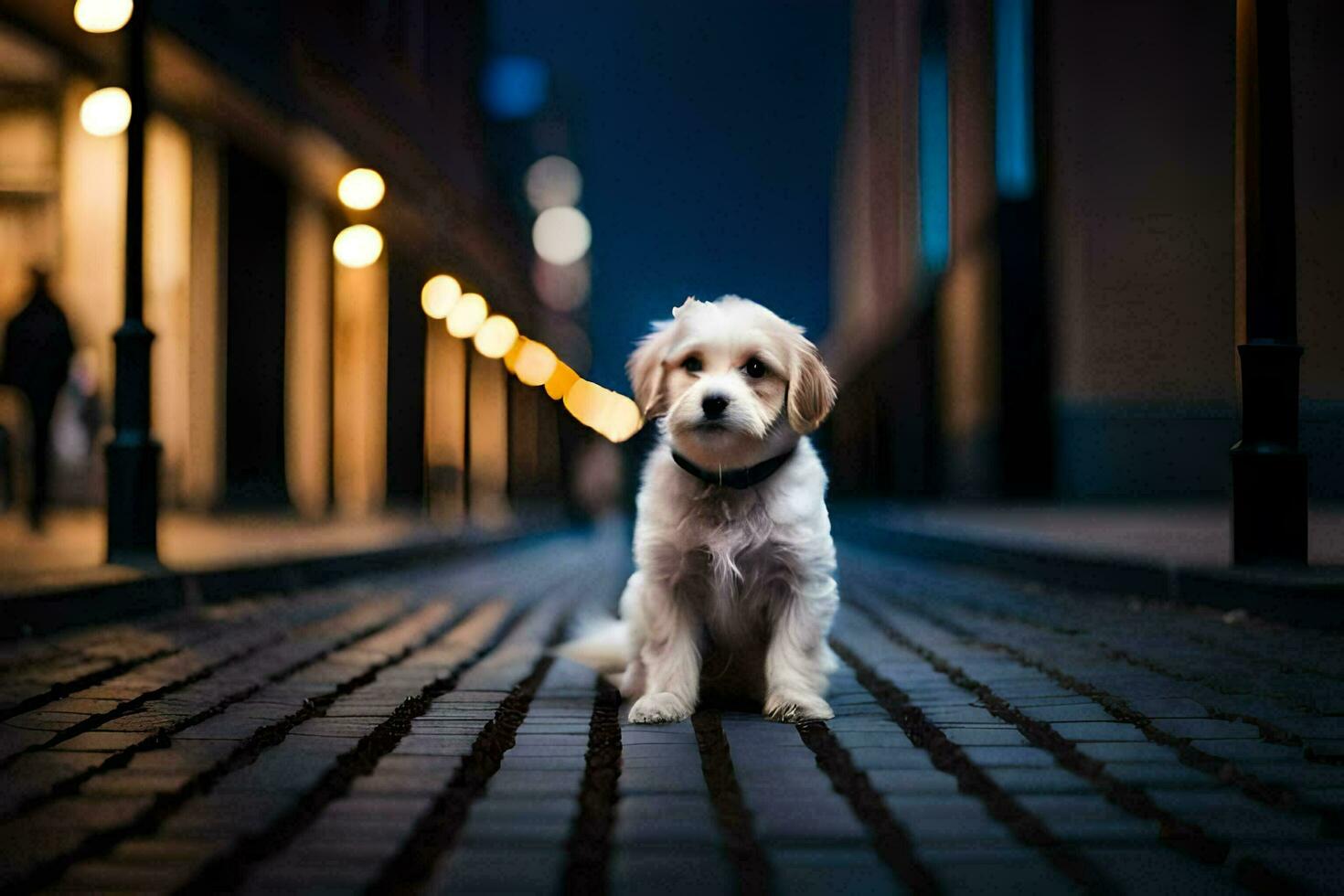 ein Hündchen Sitzung auf das Straße beim Nacht. KI-generiert foto