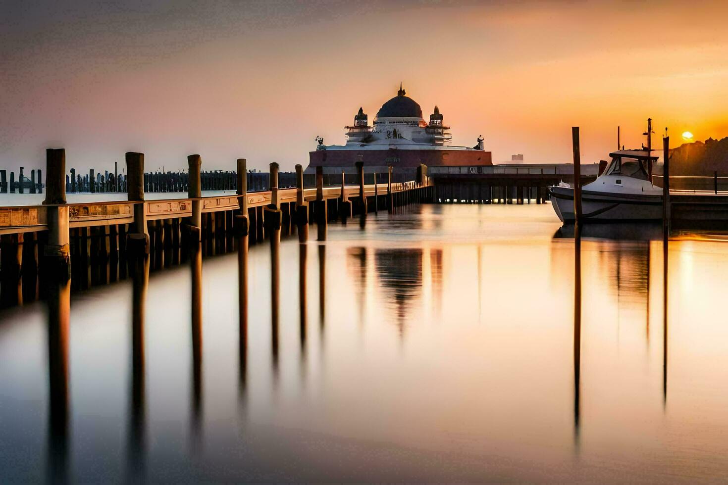 ein Boot ist angedockt beim das Seebrücke beim Sonnenuntergang. KI-generiert foto