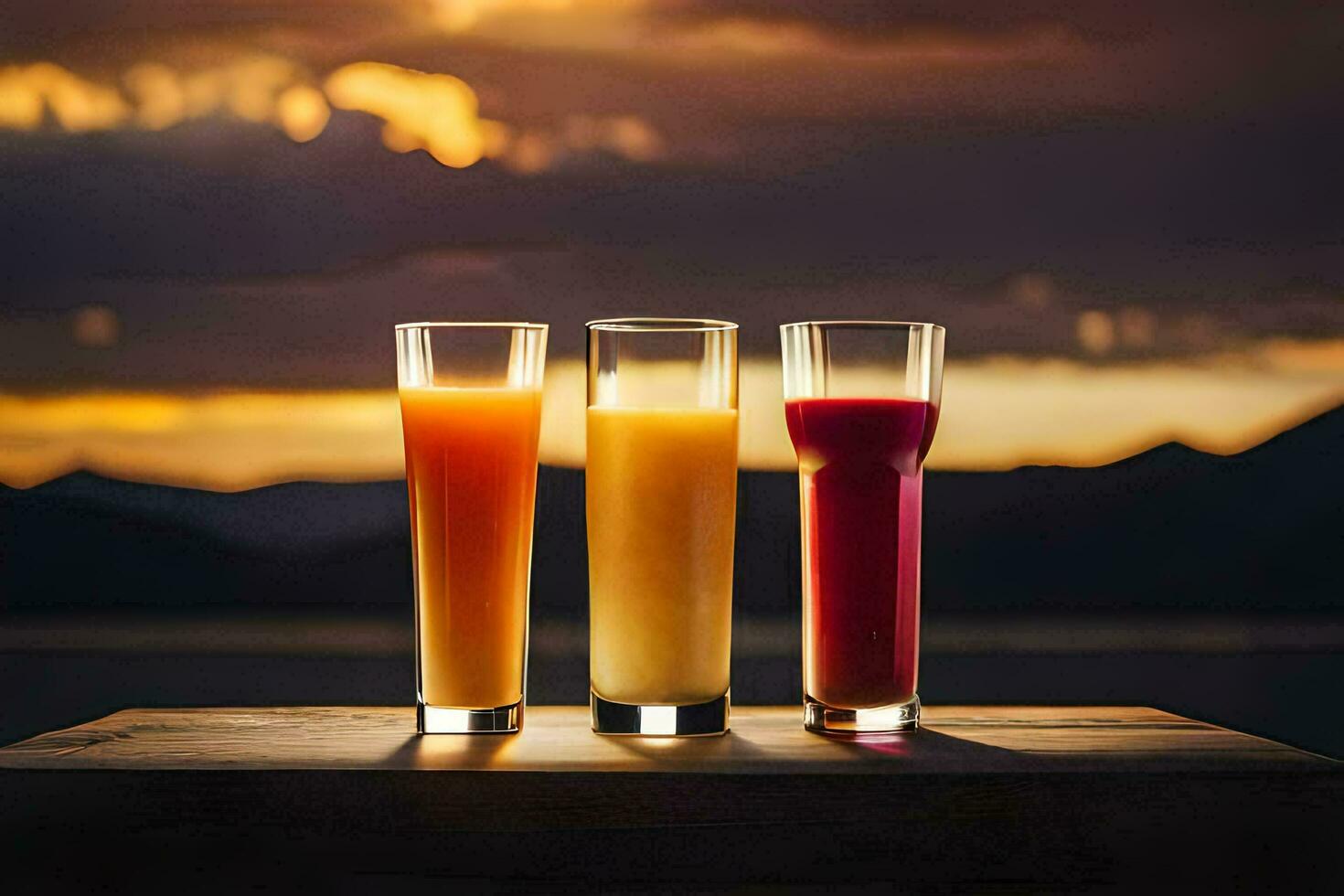 drei Brille von Orange Saft auf ein Tisch. KI-generiert foto