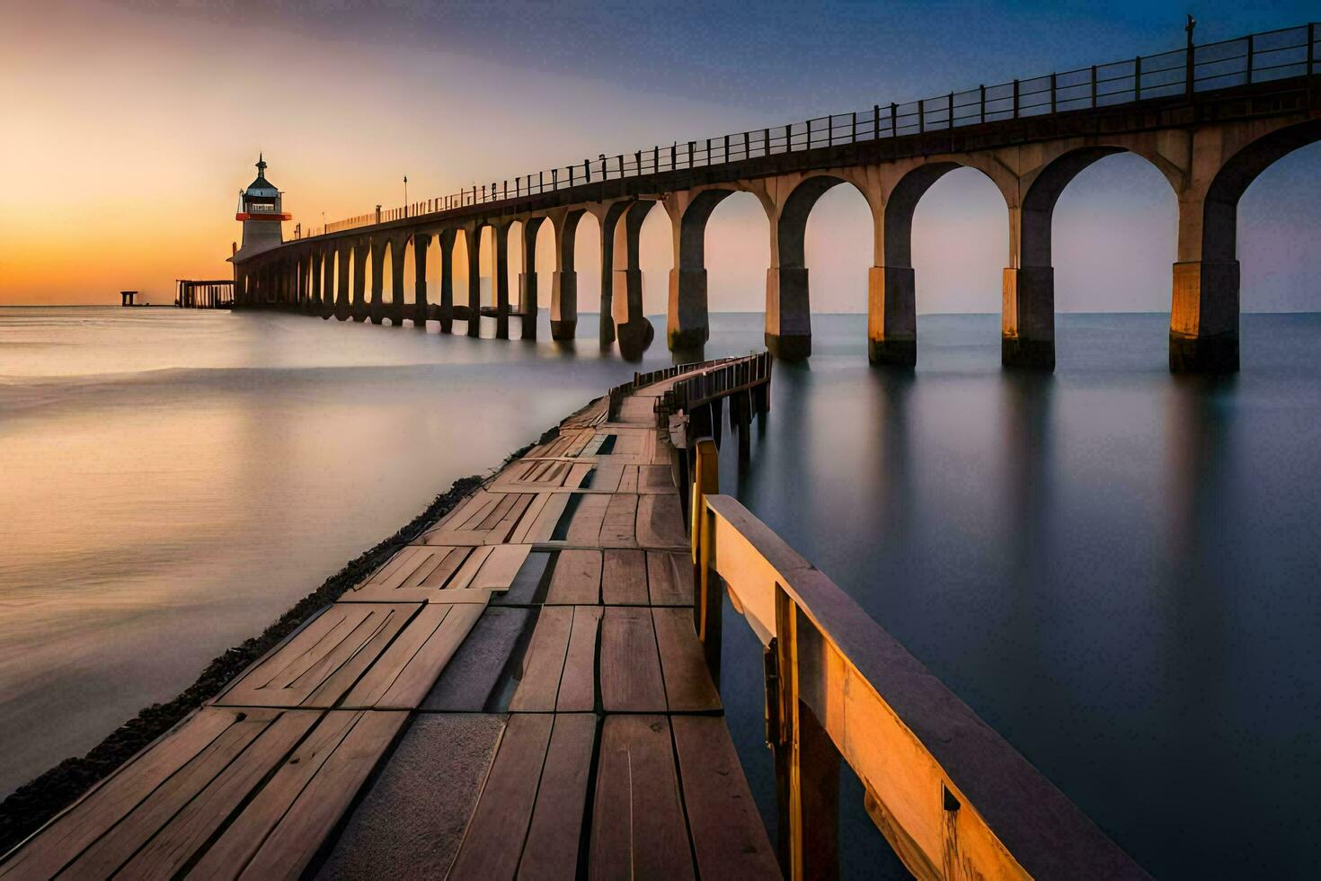 ein lange Seebrücke mit ein Leuchtturm beim Sonnenuntergang. KI-generiert foto