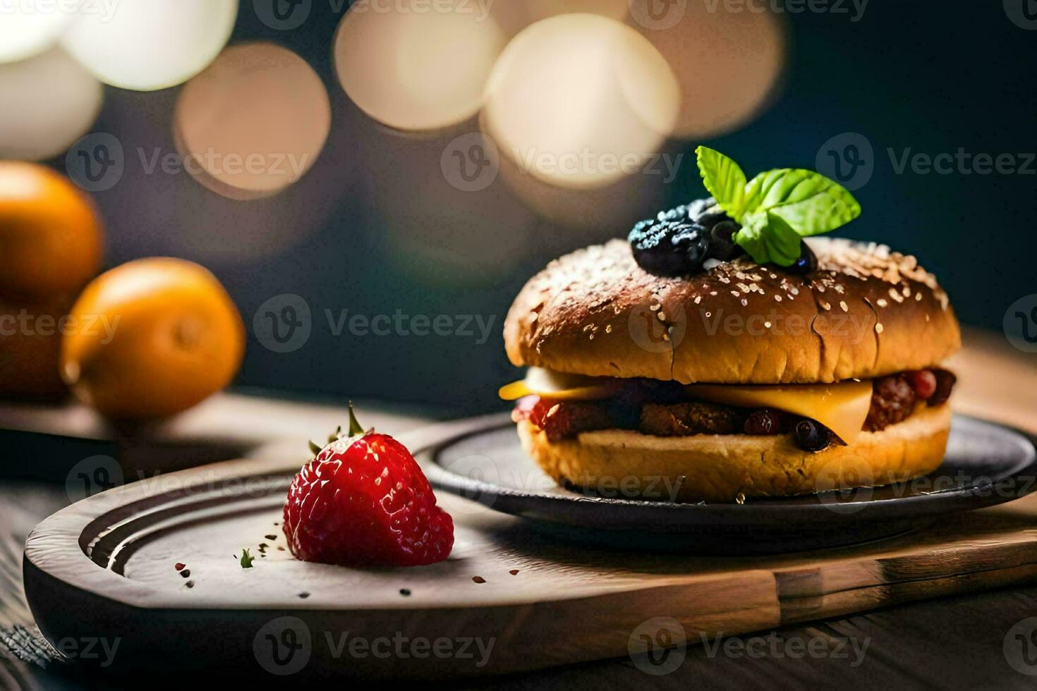 ein Hamburger mit Käse und Beeren auf ein Platte. KI-generiert foto