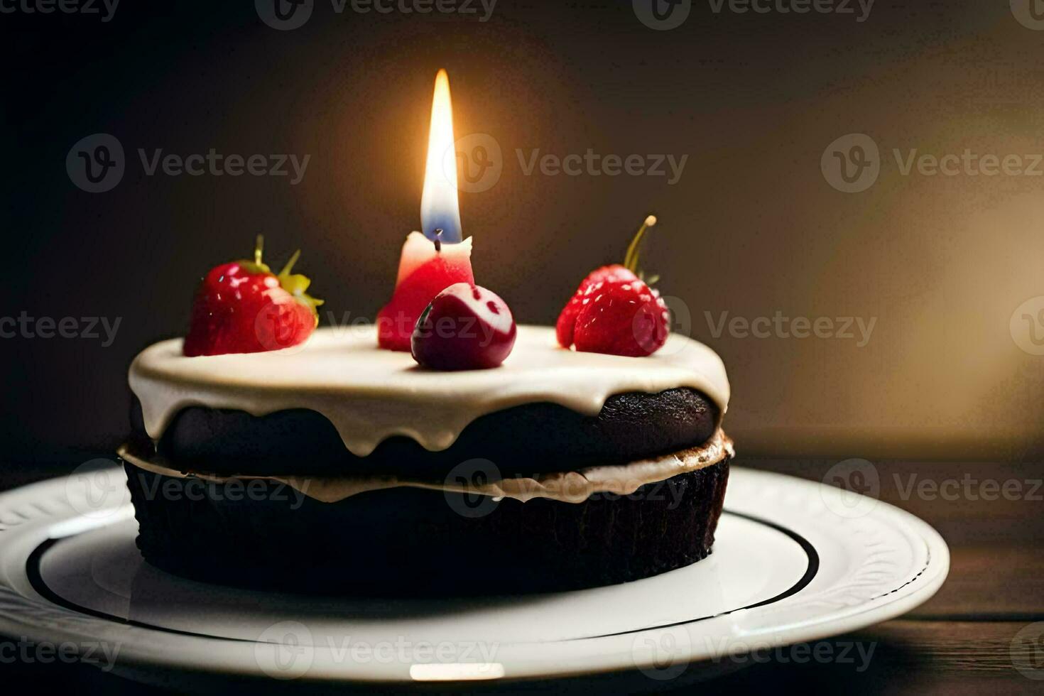 ein Schokolade Kuchen mit ein Single Kerze auf oben. KI-generiert foto