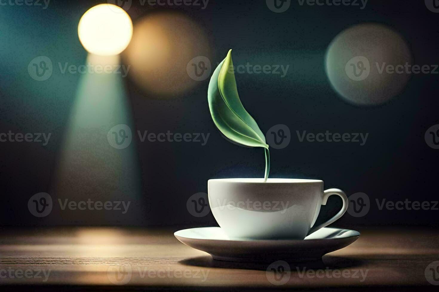 ein Tasse von Kaffee mit ein Grün Blatt wachsend aus von Es. KI-generiert foto