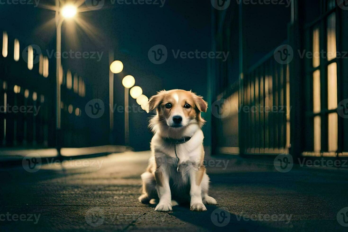 ein Hund Sitzung auf das Straße beim Nacht. KI-generiert foto