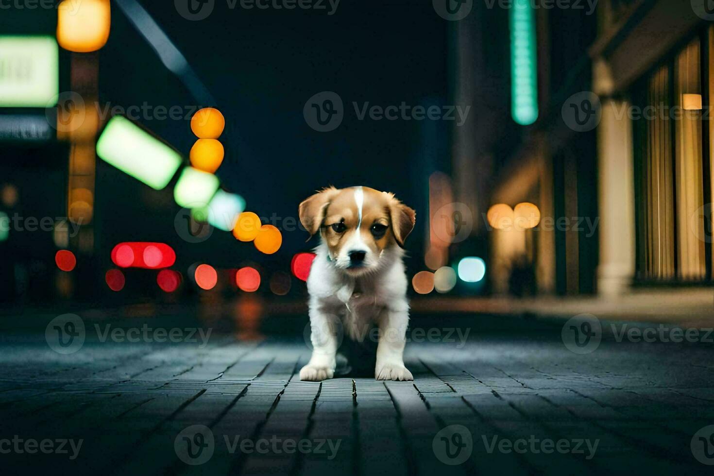 ein Hündchen steht auf das Straße beim Nacht. KI-generiert foto