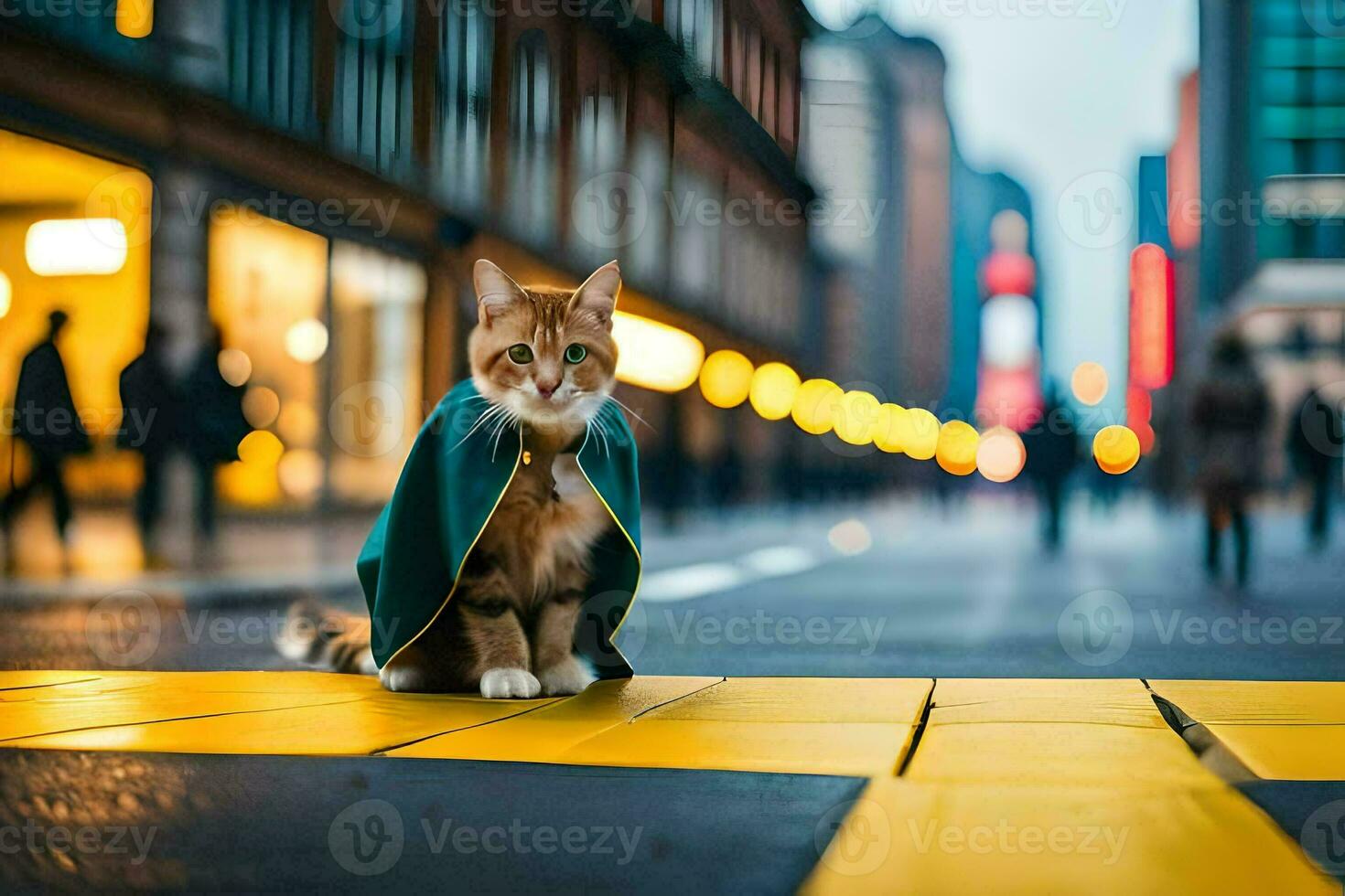 ein Katze im ein Grün Mantel Sitzung auf das Straße. KI-generiert foto