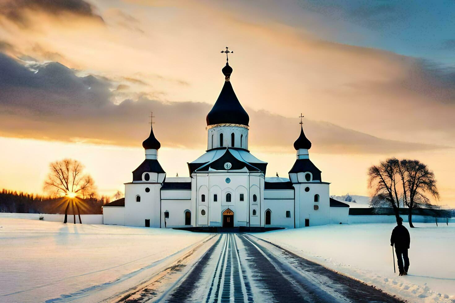 ein Mann Gehen über ein schneebedeckt Straße im Vorderseite von ein Kirche. KI-generiert foto