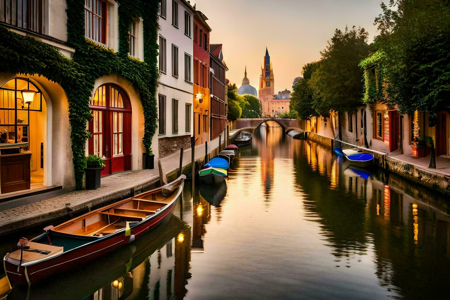 Boote sind angedockt im ein Kanal beim Sonnenuntergang. KI-generiert foto