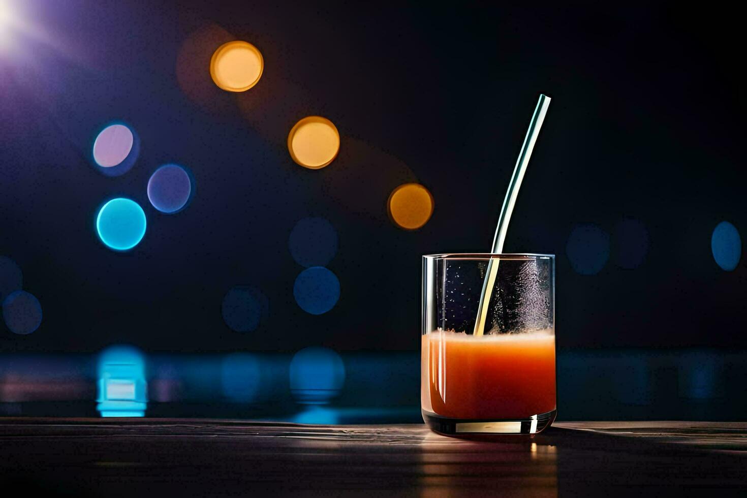 ein Glas von Orange Saft mit ein Stroh auf ein hölzern Tisch. KI-generiert foto