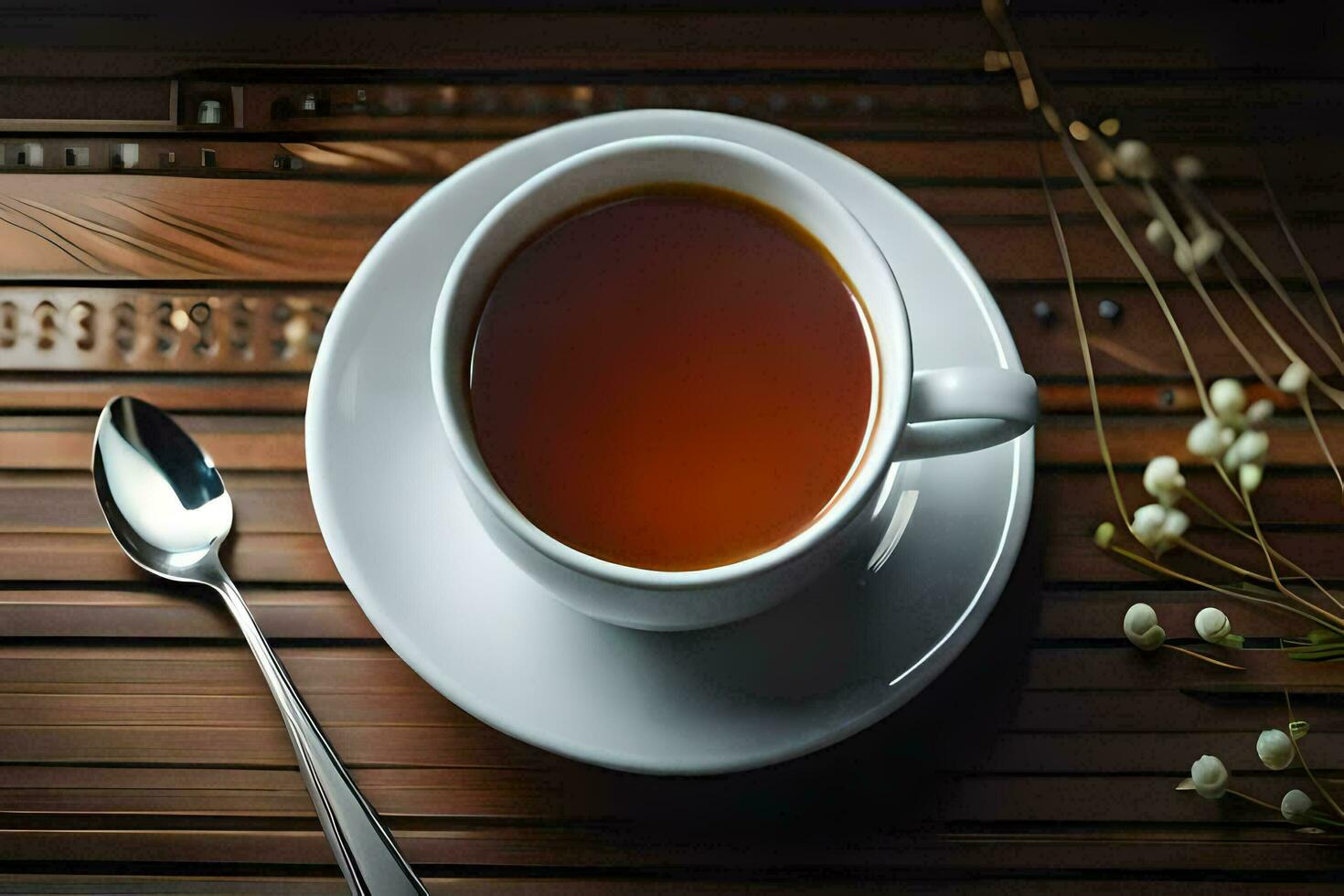 ein Tasse von Tee auf ein hölzern Tisch. KI-generiert foto