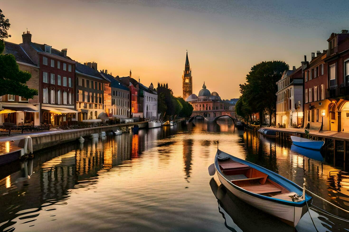 ein Boot ist angedockt im ein Kanal beim Sonnenuntergang. KI-generiert foto