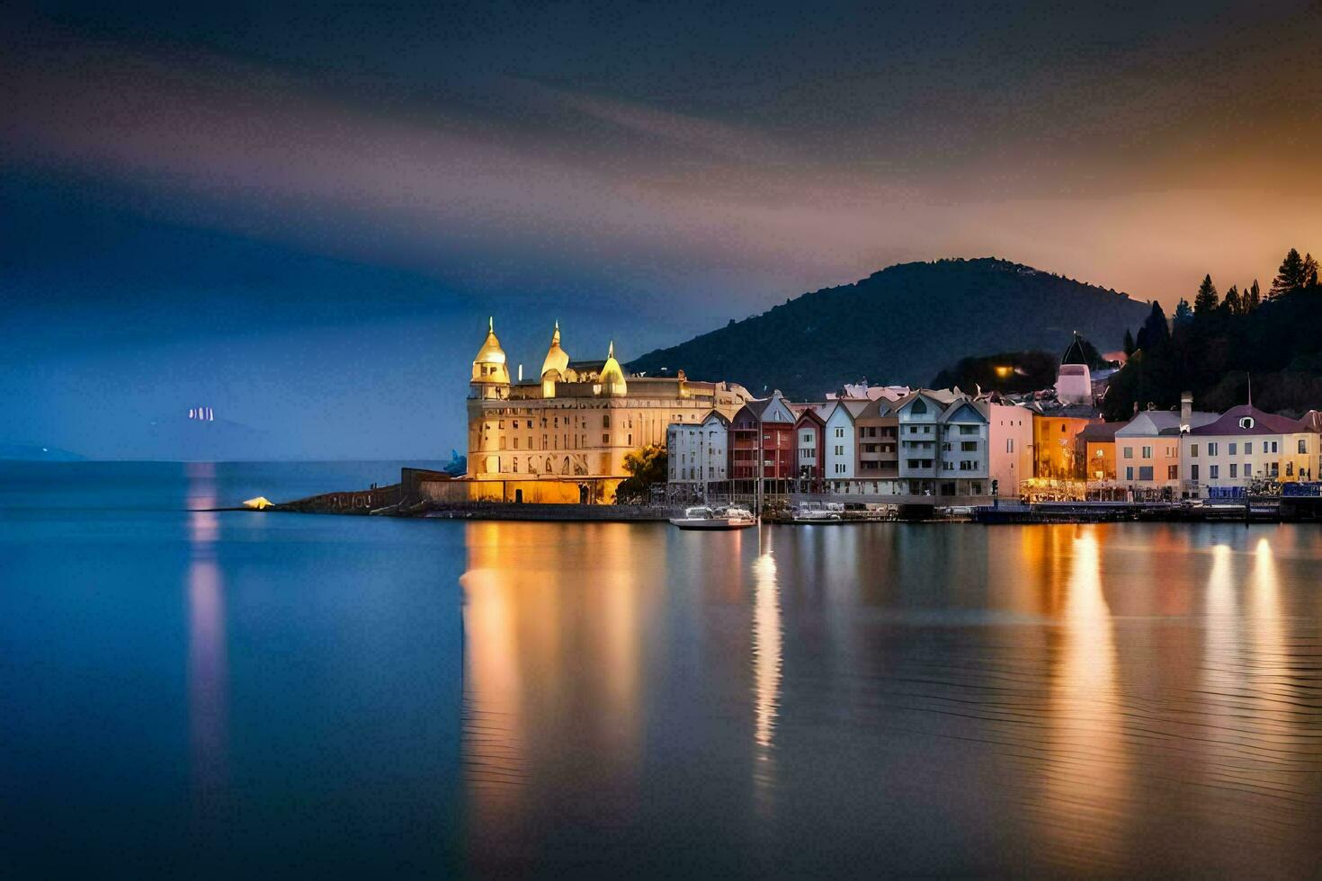 Foto Hintergrund das Himmel, Wasser, Berge, See, Stadt, das Stadt, das Stadt,. KI-generiert