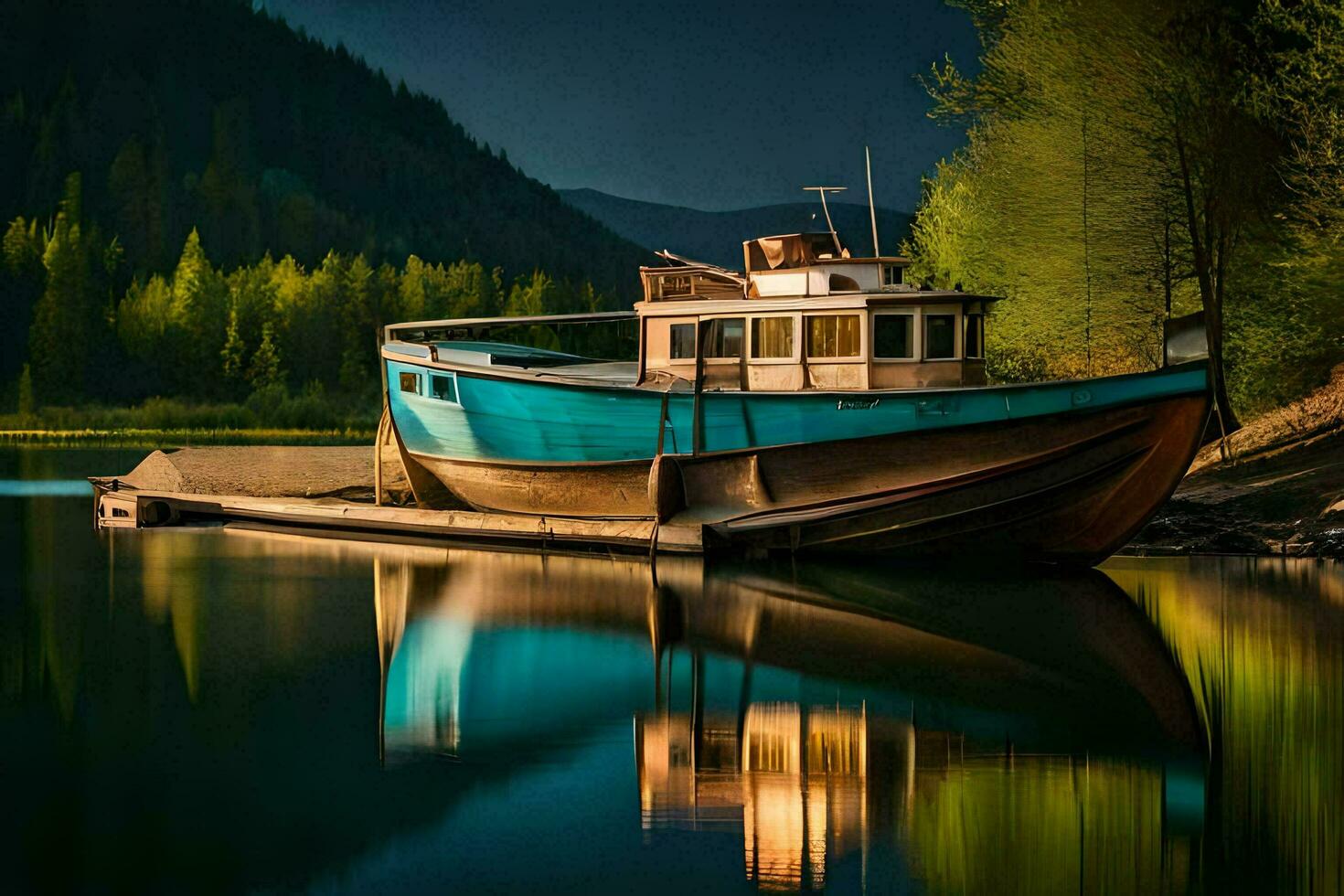 ein Boot angedockt auf das Ufer von ein See. KI-generiert foto