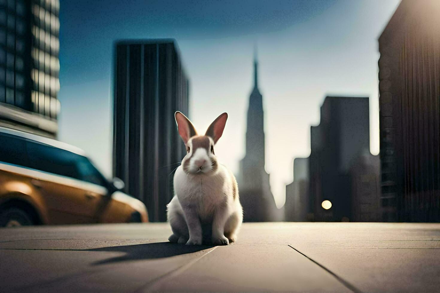 ein Hase ist Sitzung auf das Boden im Vorderseite von ein Stadt. KI-generiert foto