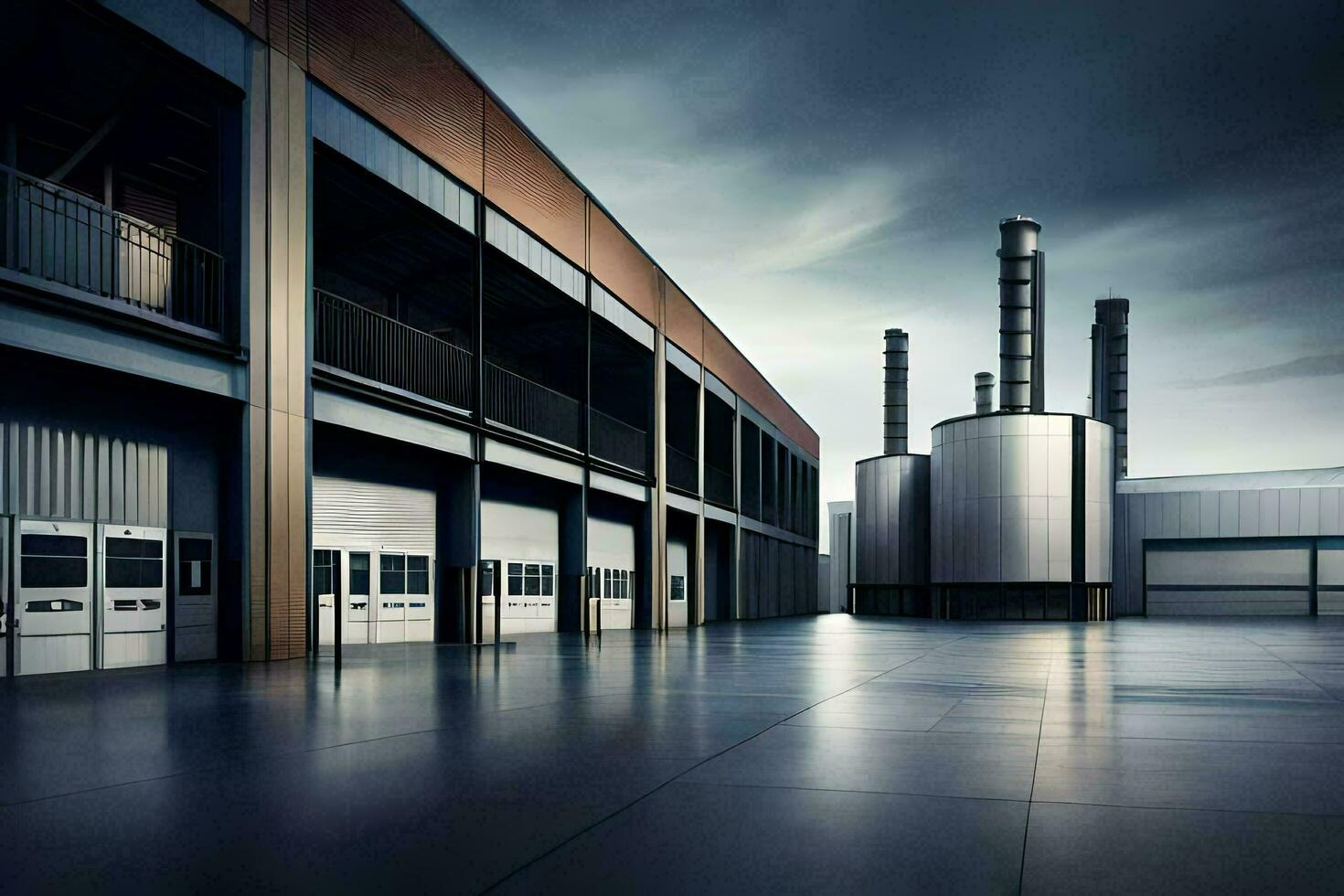 industriell Gebäude mit groß Türen und Fenster. KI-generiert foto