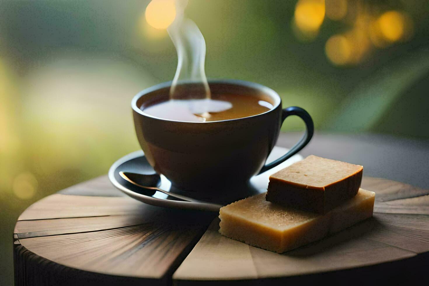 ein Tasse von Kaffee und ein Stück von Schokolade auf ein hölzern Tisch. KI-generiert foto