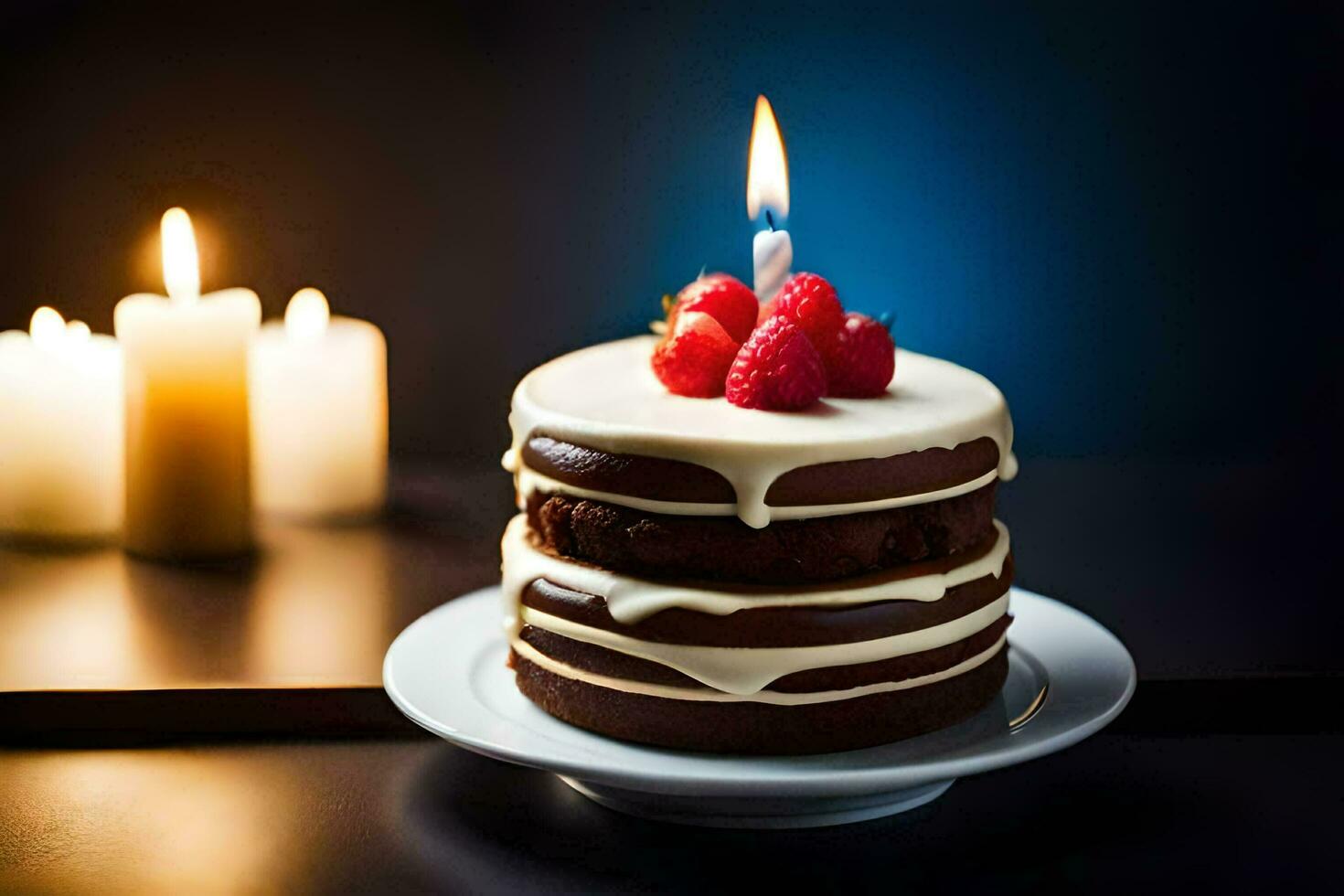 ein Schokolade Kuchen mit ein Kerze auf oben. KI-generiert foto