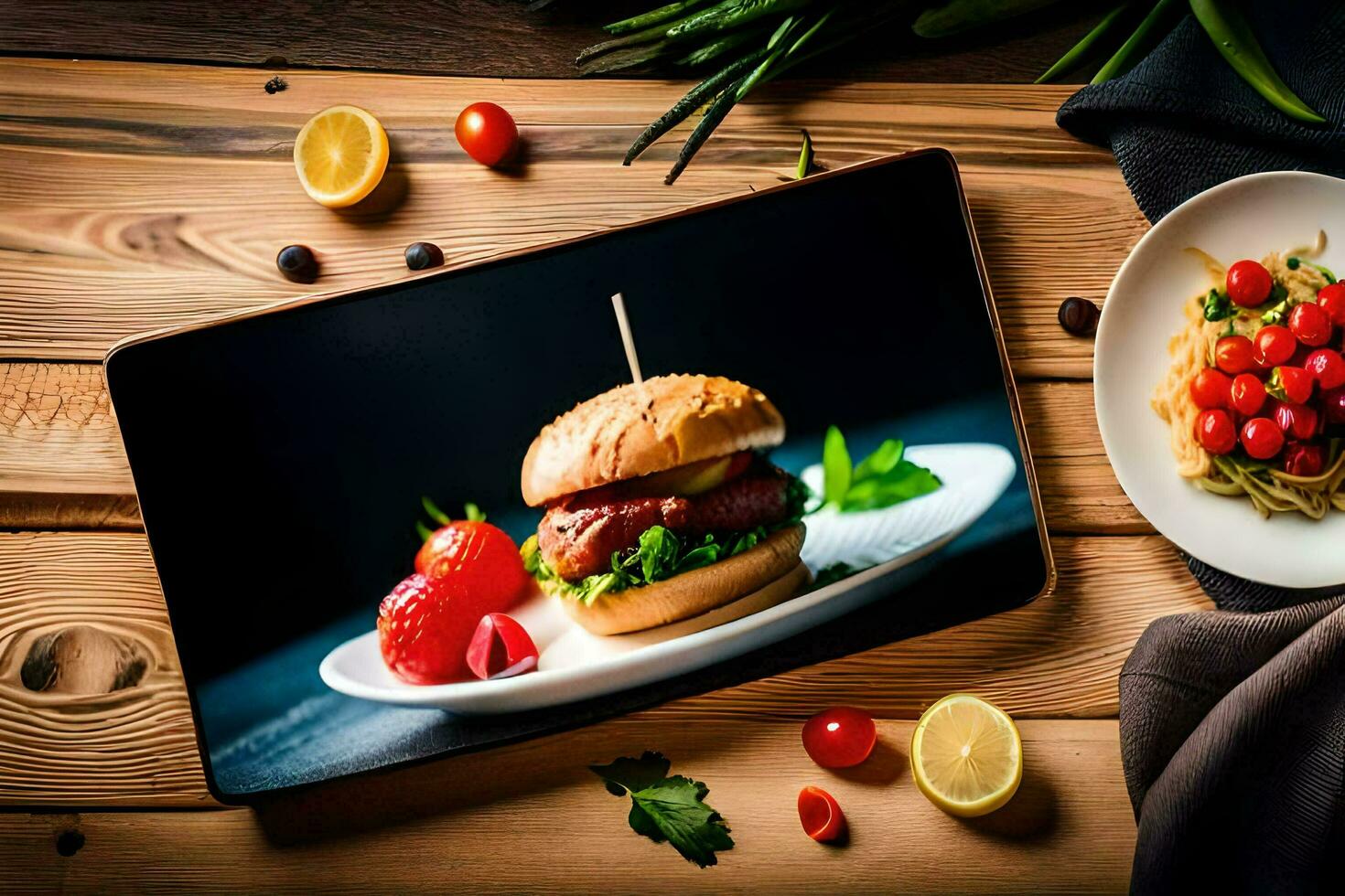 ein Tablette mit ein Burger und ein Teller von Essen auf Es. KI-generiert foto