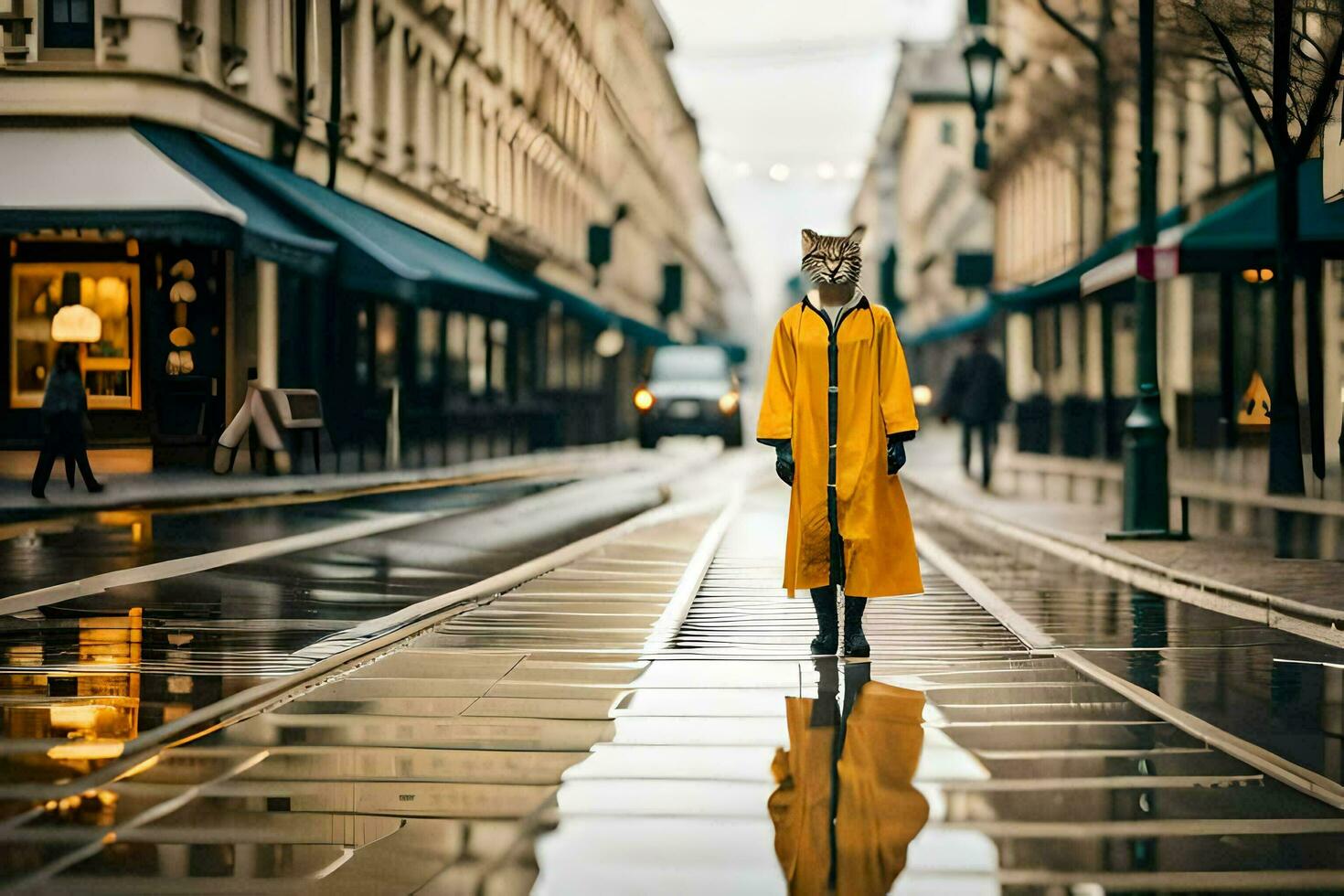 ein Fuchs im ein Gelb Regenjacke ist Gehen Nieder ein Straße. KI-generiert foto