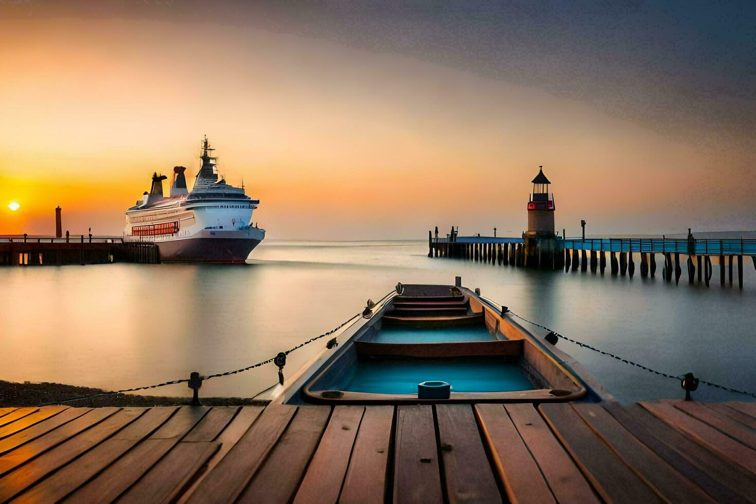 ein Boot angedockt beim das Seebrücke mit ein Kreuzfahrt Schiff im das Distanz. KI-generiert foto