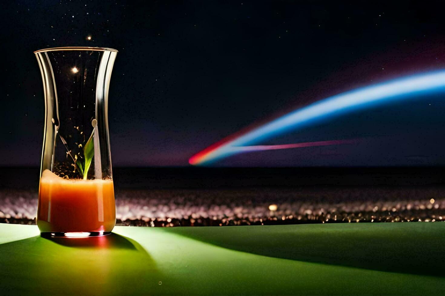 ein Glas von Orange Saft Sitzung auf ein Tabelle mit ein Regenbogen im das Hintergrund. KI-generiert foto