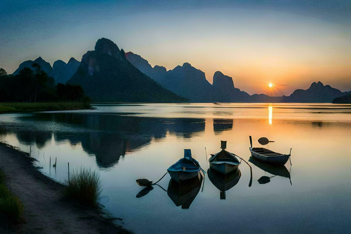 Boote auf das Wasser beim Sonnenuntergang mit Berge im das Hintergrund. KI-generiert foto