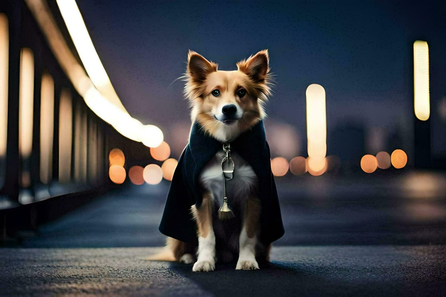 ein Hund tragen ein Kap Sitzung auf ein Brücke beim Nacht. KI-generiert foto