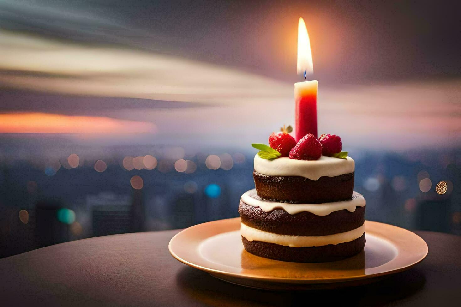 ein Schokolade Kuchen mit ein Kerze auf oben. KI-generiert foto