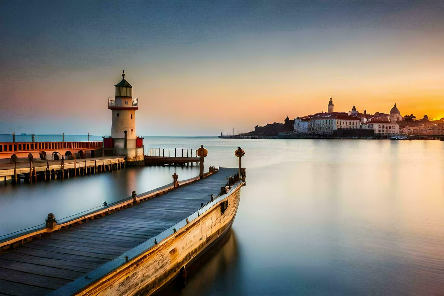 Foto Hintergrund das Himmel, Wasser, Meer, Seebrücke, Leuchtturm, Sonnenuntergang, See, Europa. KI-generiert