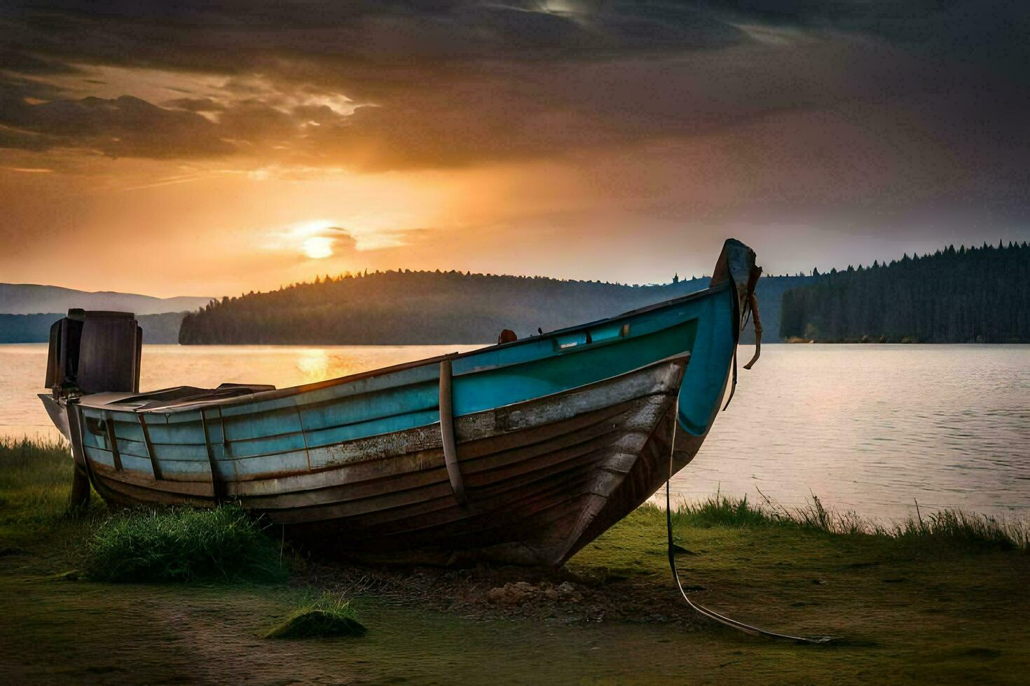 ein Boot sitzt auf das Ufer beim Sonnenuntergang. KI-generiert foto