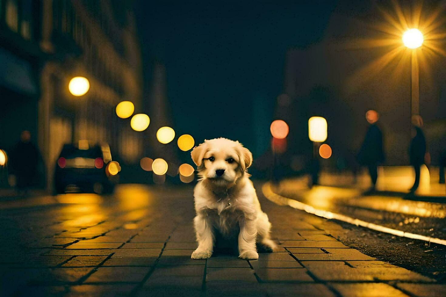 ein Hündchen sitzt auf das Straße beim Nacht. KI-generiert foto